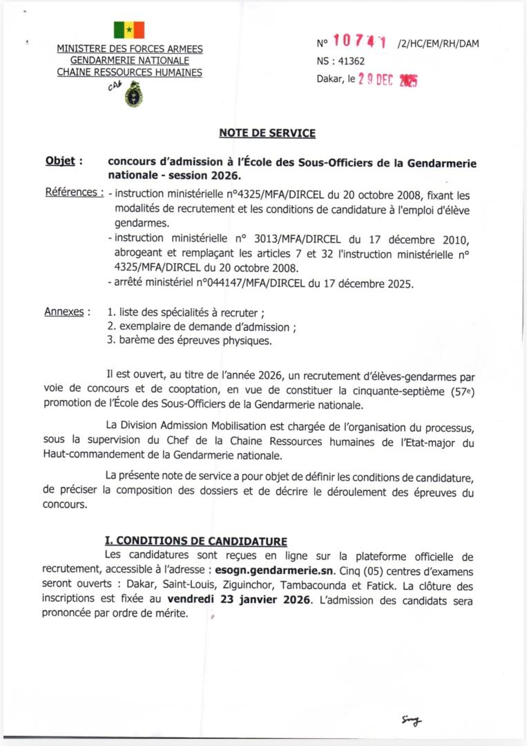 CONCOURS D'ENTREE A L'ECOLE DES SOUS-OFFICIERS DE LA GENDARMERIE NATIONALE SESSION 2026